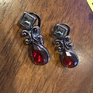 Vintage Clip-On Earrings, Ruby Red and Dark Pewter Colors
